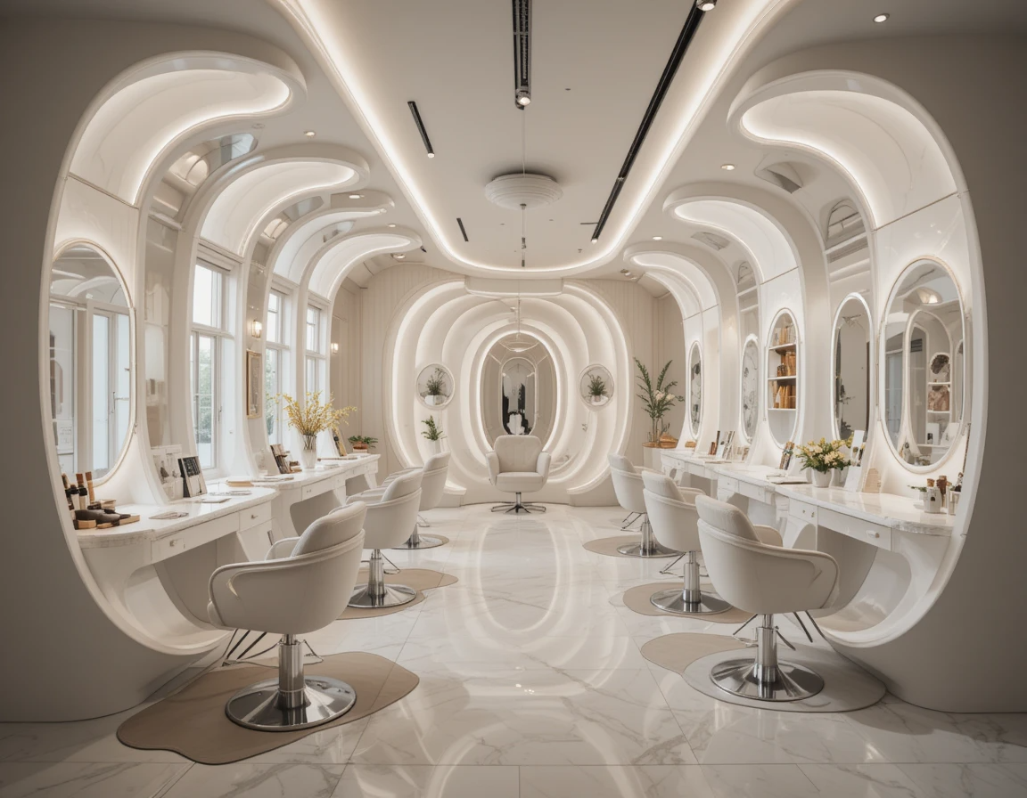 دکوراسیون سالن زیبایی با خطوط منحنی و رنگ سفید