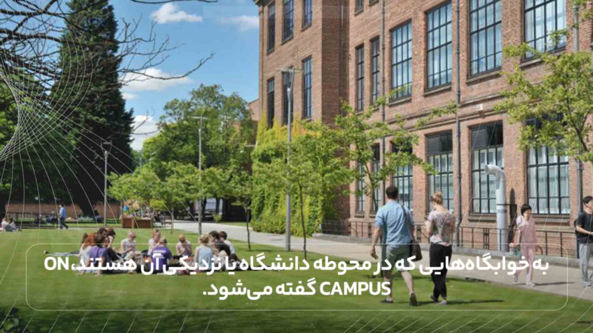 به خوابگاههایی که در محوطه دانشگاه یا نزدیکی آن هستند، On Campus گفته میشود.