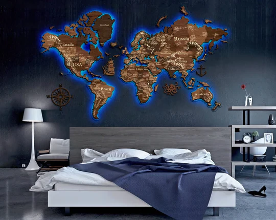 تابلو نقشه جهان با نور مخفی آبی
