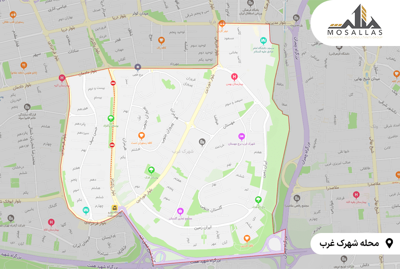 نقشه شهرک غرب تهران به همراه لوکیشن شهرک غرب و دسترسی های این منطقه