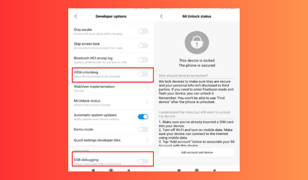 فعالسازی oem unlocking ,usb debugging برای انلاک بوتلودر شیائومی