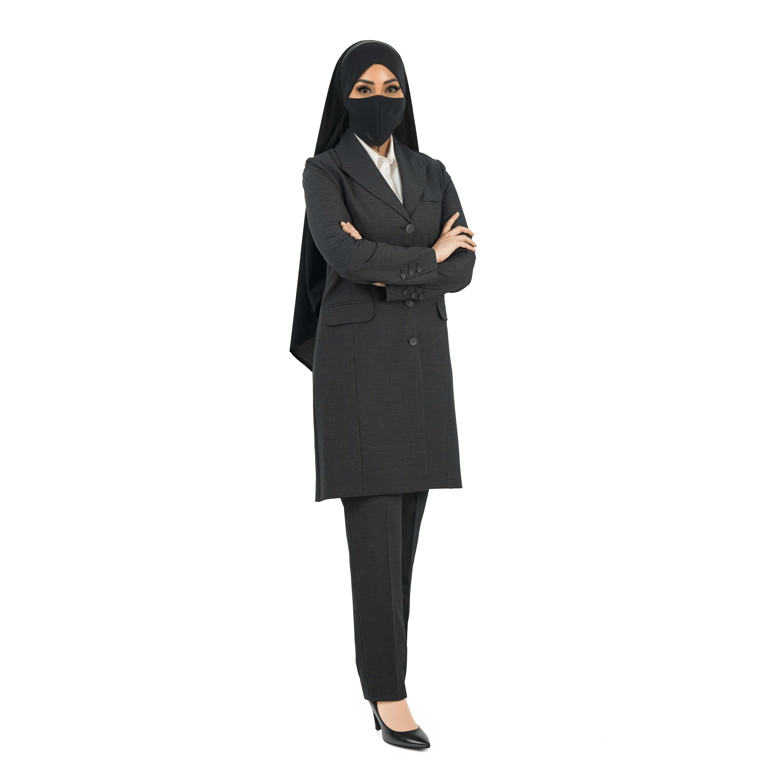 مانتو شلوار دیپلمات طرح دار یقه بلیزری آستین سه دکمه